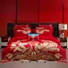 Juego de Cuatro Piezas de Boda de Lujo Estilo Chino Dragón y Fénix, Ropa de Cama Bordada de Algodón Puro para Boda, Colcha Roja de Dote, Ropa de Cama para Habitación de Boda
