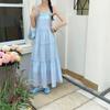 Vestido Longo Romântico Francês com Alças de Borda de Cogumelo para Mulheres Verão Novo Estilo Férias na Praia Super Delicado e Bonito Aparência Emagrecedora Saia
