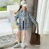 Ropa de Otoño para Niñas Estilo Coreano Camisa a Cuadros Manga Larga Holgada Solapa Chaqueta Casual para Niños Medianos y Grandes Camisa Versátil Estilo Primavera y Otoño