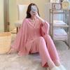 Pijamas de Algodón Seda de Estilo Nuevo para Mujer Cárdigan Conjunto de Dos Piezas Pijamas para Mujer Primavera Manga Larga Algodón Artificial Conjunto de Ropa de Casa para Mujer Primavera