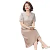 Vestido de Verão da Moda para Mães, Falso Duas Peças, Emagrecedor, Roupas para Mulheres de Meia-Idade e Idosas, Elegante Vestido de Verão de Chiffon com Manga Curta para Senhoras
