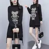 Chica gordita cubre barriga sudadera irregular vestido otoño e invierno nuevo talla grande suelta adelgazante longitud media vestido con pedrería caliente
