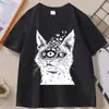 Camiseta de Gato Monstruoso Harajuku Horror Gótico Gato Camiseta Gótica Negro Estética Camiseta Casual Cuello Redondo Algodón Camiseta