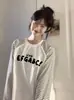 Camiseta de Manga Larga con Cuello Redondo y Estampado de Letras Estilo Coreano Perezoso Ins Tendencia Marca Moda Femenina Diseño Versátil Top Rayado