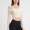 Top deportivo de malla con cuello en V cruzado, manga larga, secado rápido, transpirable, ropa de yoga para mujer, top deportivo para Pilates, ropa de fitness