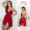 Amazon Transfronterizo Camisón Sexy para Mujer Cuello en V Encaje Malla Ligera Decoración de Perlas Abertura Camisola Pijama 892