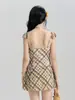 Traje de Baño Retro para Mujer, Una Pieza Estilo Falda, Como de Hada, Oculta el Vientre, Adelgazante, Cuadros Sexy, Estilo Ins Coreano, Ropa de Baño para Aguas Termales