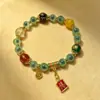 Pulsera Amuleto Hecha a Mano para Mujer con Cuentas de Ágata Amarilla, Amuleto de la Fortuna, Dios de la Riqueza de las Cinco Direcciones, Pan de Oro y Cuentas de Vidrio Semi-Azúcar