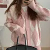 Primavera e Outono Novo Padrão de Diamante Japonês e Coreano Estilo Doce Preguiçoso Cardigan de Malha Feminino Suéter Jaqueta Top de Cor Contrastante Solto