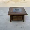 Mesa de chá estilo wabi-sabi em madeira de olmo antiga com lareira, mesa quadrada de fogo vintage para exterior, mesa de churrasco e mesa de jantar para casa de hóspedes em madeira maciça