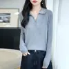 Suéter de tricô feminino com gola polo, caimento justo, pulôver versátil de manga longa em tricô fino, top cinza elegante