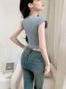 Top Retro Estilo Americano Ajustado Ombligo 2024 Verano Cintura Ajustada Corto Dulce Chica Picante Hombro Manga Corta Camiseta de Mujer Nuevo