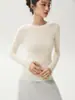 Top de punto elástico, sin costuras, cuello redondo, hilado fino, 100% lana, lavable a máquina, capa base de lana merino extrafina de 18 puntos para mujer