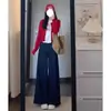 Jeans largo feminino com forro de fleece, grosso, azul escuro, novo estilo outono 2026, solto e valoriza a silhueta, calça de comprimento total