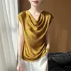 Camiseta de manga corta con cuello de volante estilo francés para mujer, verano 2026, fina, holgada, transpirable, satén sedoso, efecto de caída, adelgazante, estilo maduro y sencillo