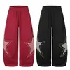 Pantalones de chándal de retazos con estampado de estrellas en color burdeos para hombre con cintura con cordón, estilo callejero americano, pantalones casuales holgados de pierna ancha para hombres y mujeres