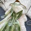 Vestido largo verde tipo tie-dye estilo resort francés para mujer, de verano, con cuello en V, tirantes, cinturón para ceñir la cintura, línea A, con un ambiente atmosférico