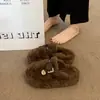 Pantuflas Baotou para Mujer Ropa de Exterior Hebilla de Cuero Aumentadoras de Altura Simples Suela Gruesa Piel Nuevo Forro de Felpa Piel Algodón Pantuflas para Mujer Cálidas