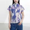Camiseta feminina de caimento solto, novo estilo de verão, toque de alta qualidade, roupa feminina plissada, solta e modeladora, top rosa dopamina, manga curta feminina