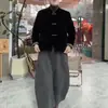 26005 Novo Daimei Yiyuan Jaqueta de Veludo Nova Moda com Design de Botões, Calça de Cintura Alta Ampla Solta, Elegante e Emagrecimento para Mulheres