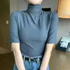 H342 Cuello semialto, manga tres cuartos, camiseta de manga corta, nuevo top popular para mujer, camiseta base protectora solar para mujer