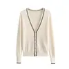 Novo Cardigan Suéter Jaqueta Tricotado Feminino Estilo Francês Gola V Grande Casual Manga Longa Cor Contrastante Novo Estilo 2024