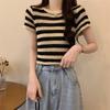 Deseo Puro Chicas Calientes Camiseta de Manga Corta a Rayas Huecas para Mujer Verano Delgada Hueca Adelgazante Camiseta Sabor Hong Kong Top Chic