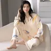 Pijama para Mujer Primavera y Otoño Imitación Algodón Manga Larga Traje Estilo Coreano Holgado Dulce Cuello en V Para Usar Por Fuera Kimono Ropa de Casa