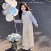 Conjunto casual de duas peças para crianças: moletom soltinho de manga comprida e calça larga estilo coreano para meninas na primavera e no outono
