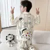 Cardigan Infantil com Gola Lapela Roupa de Casa Estilo Coreano Caimento Solto Conjunto de Algodão Puro com Desenho para Meninos Primavera e Outono 2026 Novo Pijama