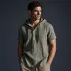 Camisa de Algodão e Linho Europeia Camiseta de Praia Moletom com Capuz Moletom com Capuz de Manga Curta Primavera Verão Casual Masculino