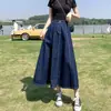 Saia Jeans de cintura alta semi-elástica feminina primavera e verão cobrindo a coxa figura em pera grossa Joker saia longa linha A plus size.