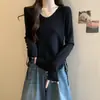 Camiseta de manga larga con cuello en V para mujer, nuevo estilo primavera-verano 2026, talla grande, corte holgado, adelgazante, top con cordón para mujer