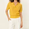 Camisa de Tricô Fina de Verão para Mulheres, Gola Polo Manga Curta, Verde Militar, Ajuste na Cintura, Emagrecedor, Top Versátil para o Dia a Dia