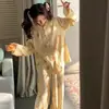 Pijama de Chica Oso Rayado Dulce Estilo Japonés Cardigan de Primavera y Otoño Solapa Doble Conjunto Largo Ropa de Casa para Dormitorio Estudiantil