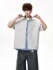 Fabricante Original Camisa de Manga Corta con Retazos a Cuadros Estilo Americano para Hombre, Marca de Tendencia Primavera y Verano, Camisa Holgada Retro Versátil de Dos Piezas Falsas
