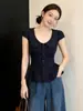 Camisa feminina de renda azul marinho com gola boneca e manga curta, para o verão, plus size, acinturada, modeladora, rejuvenescedora, top elegante