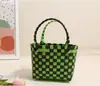 Bolsa Quadrada de Mão com Desenho Animado Fofo, Nova Bolsa de Mão Feminina com Ursinho de Desenho Animado, Bolsa de Palha Xadrez Colorida, Bolsa de Praia