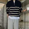 Venda direta da fábrica nova tendência de outono e primavera camisa polo listrada de manga comprida para homens, suéter americano retrô folgado com meio zíper
