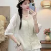 Cardigan Mambo de Menta de Verão Retro com Bordado Pesado Algodão Linho Camisa Artística Top Solto Emagrecedor que Cobre a Barriga Roupa Exterior