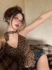 Estilo Americano Hot Girl Estampa de Leopardo Marrom Slim-fit Slim-fit Curto de Alça Design Irregular com Babados Colete Pequeno para Mulheres