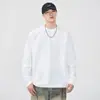 Camiseta de Manga Larga de Color Sólido Blanco para Hombre, Estilo Japonés Retro de Primavera y Otoño, Holgada, Cuello Redondo, Versátil, Camiseta Base Pesada