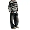 Suéter de mohair listrado em preto e branco estilo americano, roupa de inverno masculina, casual e estilosa, jaqueta de tricô de alta qualidade para casal