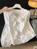 Camisa estilosa com gola franzida para mulheres, nova moda, rejuvenescedora, modelagem solta, emagrecedora, manga longa, branca