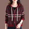 26 Otoño Primavera Nuevo Suéter Cardigan de Punto Grueso Rayado con Capucha Abrigo para Mujer Cremallera Doble Holgado Moda Ropa de Abrigo