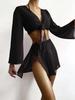 2021 talla promedio europea y americana de temporada Negro fruncido color sólido manga larga bikini de triángulo dividido