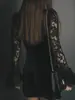 Vestido de Malla con Encaje, Color Sólido, Estilo Europeo y Americano, Sexy, de Moda, Elegante, Escote en V Profundo, Fruncido, Manga Larga, Sencillo y Versátil para Mujer