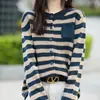 Cardigan de Punto Rayado Color Block 100% Algodón Puro para Mujer, Cuello Redondo, Manga Larga, Bolsillo Exterior, Chaqueta Corta Holgada, Primavera 2026