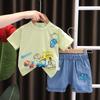 Roupas infantis de verão 2023 para crianças pequenas e médias, atacado, versão coreana, camiseta de manga curta com estampa de carro, shorts jeans macios, conjunto de duas peças, entrega por geração