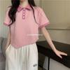 Polo de Color Dulce Contrastante Transfronterizo con Cuello Polo y Manga Corta para Mujer Verano Estilo Coreano Talla Grande Short de Cintura Alta Top Versátil